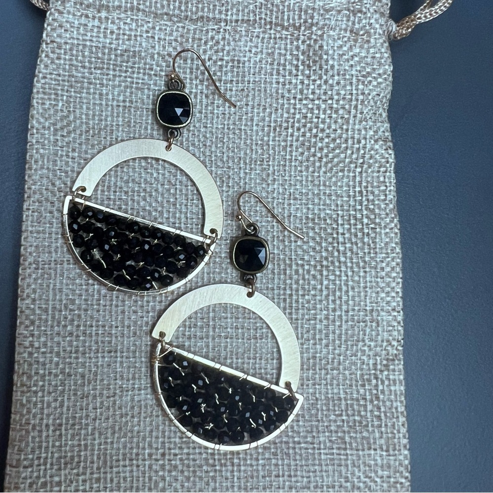Gold Earrings 3 Pairs Hoops Drop Black Blue Accents - Picture 4 of 4
